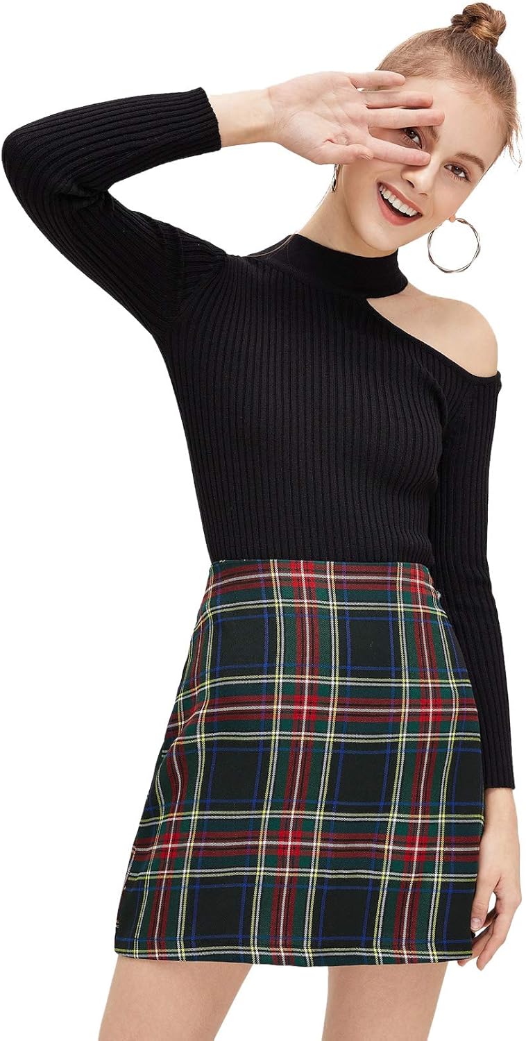 MakeMeChic Women's Plaid Skirt Zipper Back High Waist A-Line Mini Skirt: Clothing