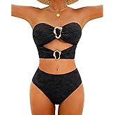 Jolefille High Waisted Bikini Sets for Women Bandeau Strapless Swimsuits Tummy Control Bathing Suit Ribbed 2 Piece Swim Suits