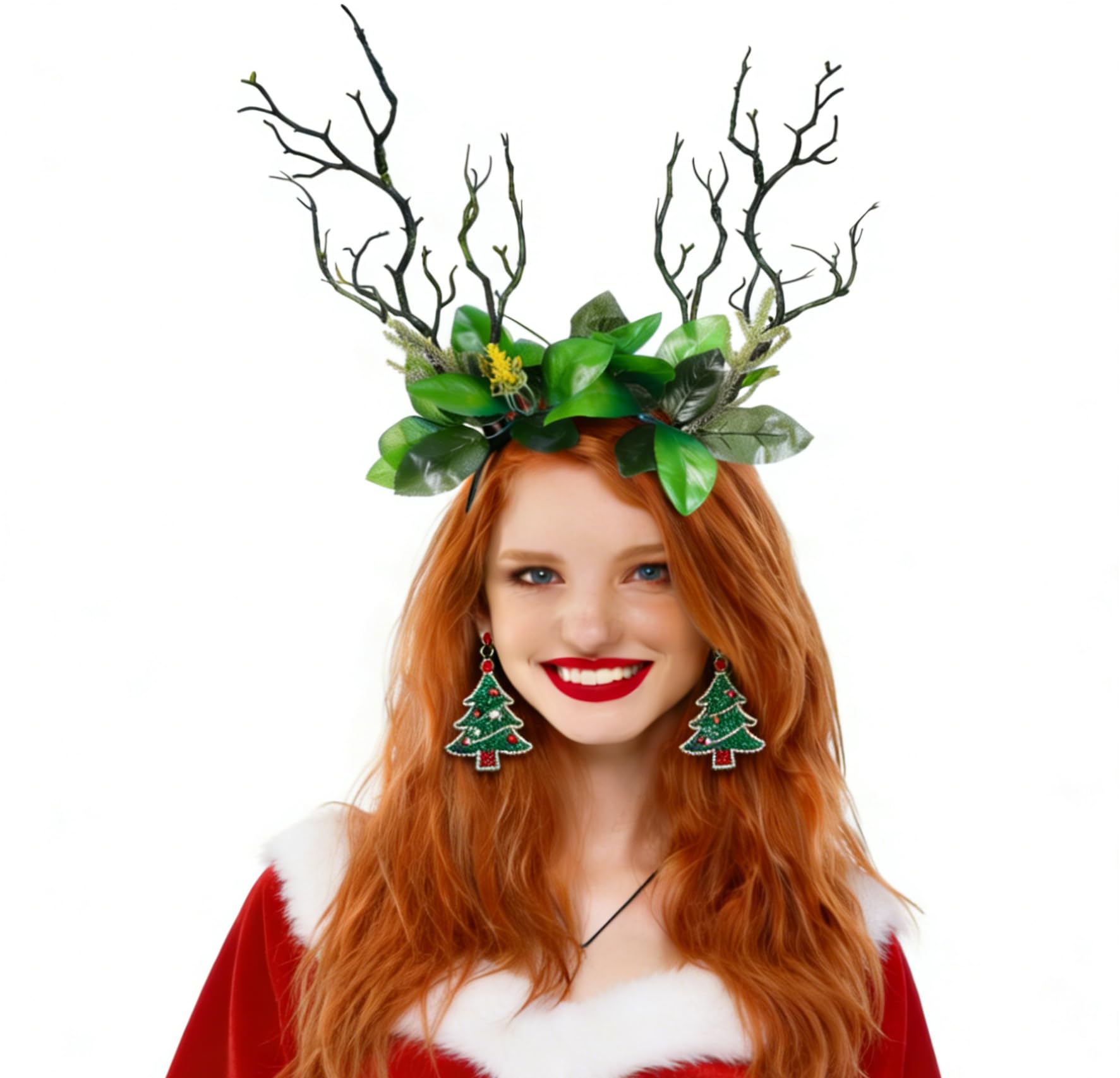 Reindeer Headband with Fabric Leaves Girl Woman Forest Fairy Headband Flower Crown Wreath Elves Costume Accessories Hair Accessories for Christmas Halloween Carnival