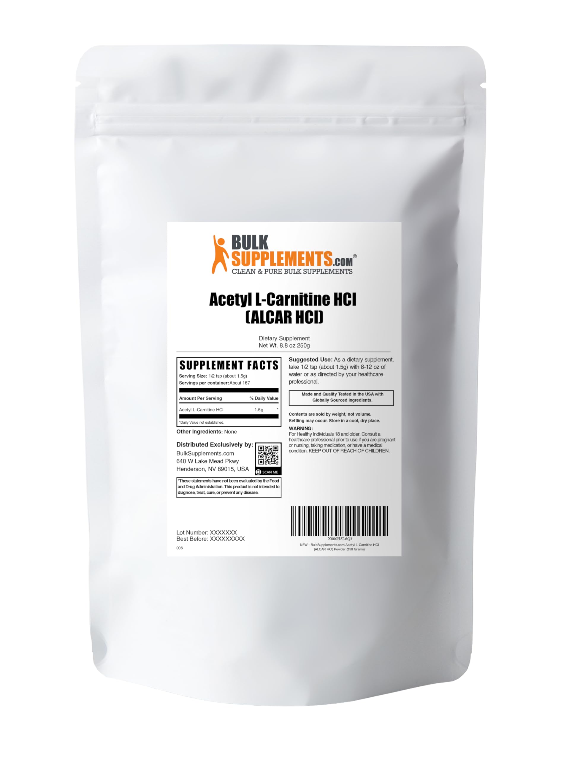 BulkSupplements.com Acetyl L-Carnitine Powder - as ALCAR HCl, Carnitine Supplement - Gluten Free, 1.5g per Serving, 250g (8.8 oz) (Pack of 1)