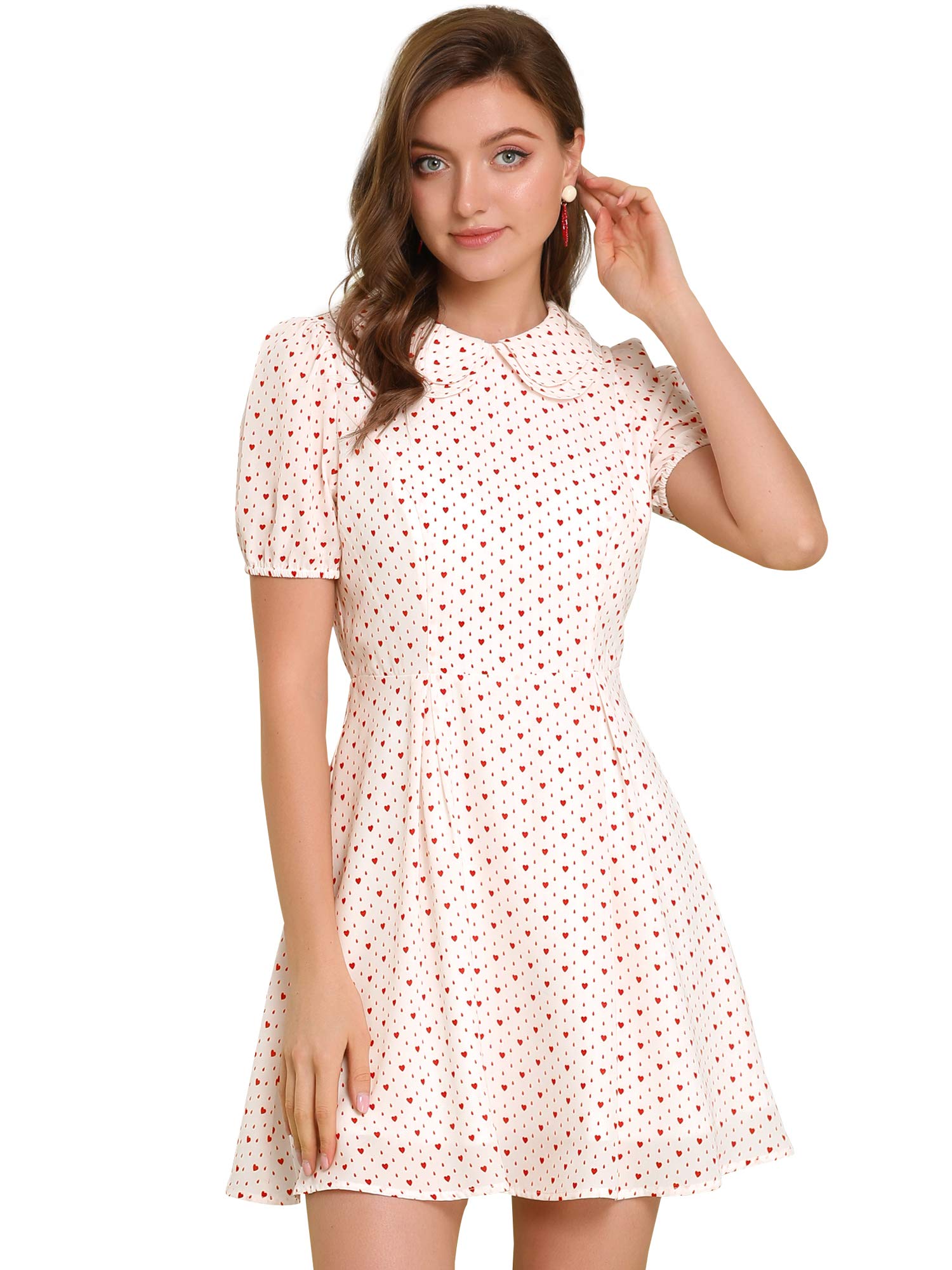 Photo 1 of Allegra K Women's Valentine's Day Heart Print Dresses Short Sleeve A-Line Peter Pan Collar Mini Dress Medium White Red