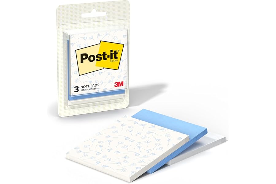 Post-it Polished Patterns Sticky Notes, Blue Cottage Design Featuring 1 Floral Pattern, 1 Washed Denim, and 1 First Snow Sticky Note Pad, 3 in. x 2.9 in., 45 Sheets per Pad