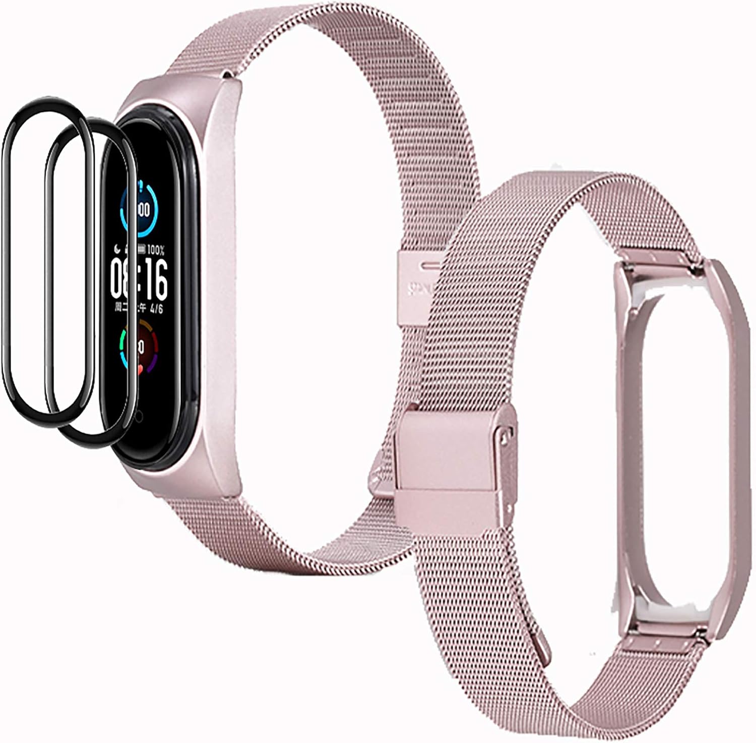 IMBZBK [3 Productos] 1 Oro Rosa Metal Correas Metal para Xiaomi Mi Band 6/Mi Band 5 + 2pcs TPU Protector Pantalla, Pulsera de Metal Pulsera de ...