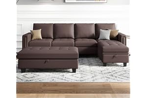 Belffin Faux Leather L Shaped Sectional Sofa Set Convertible Sectional Couch with Reversible Chaise Leather L Shape 4-seat Sectional Couch Set Storage Ottoman Brown