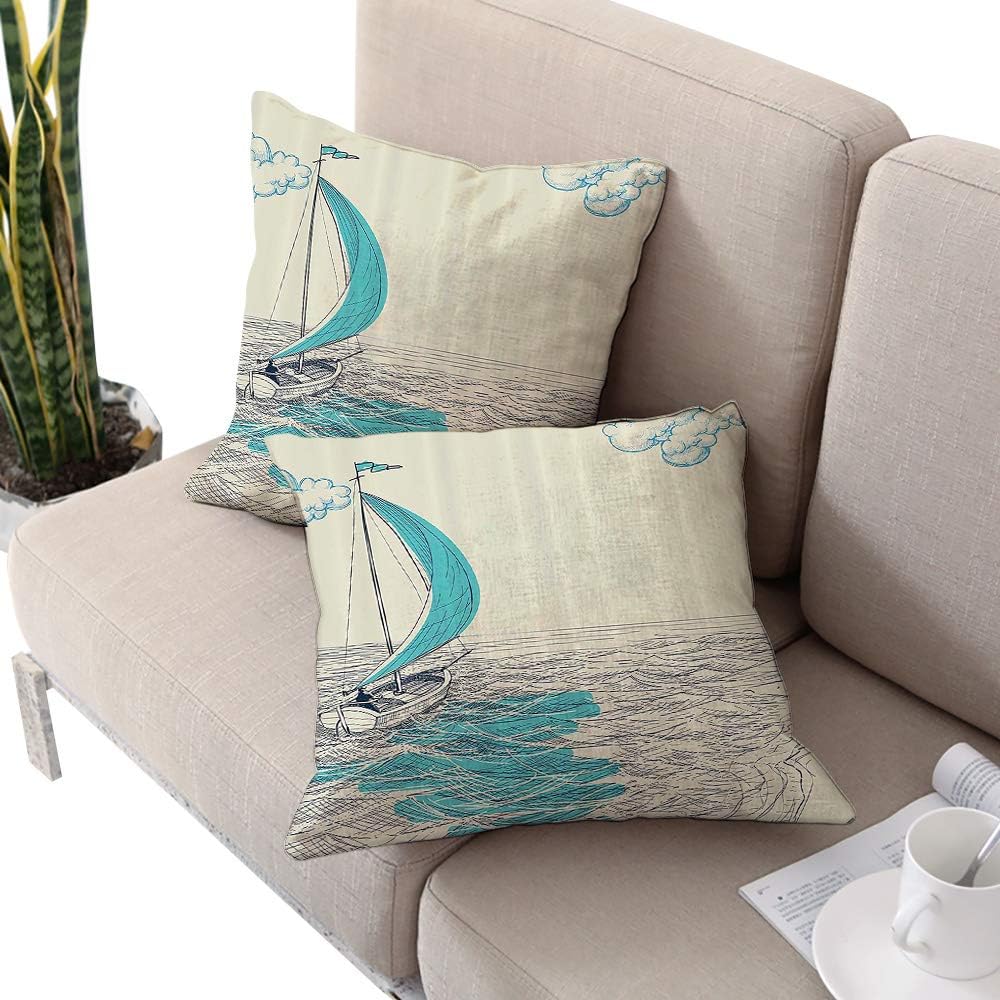 Brandosn Nautical Decor Square Double-Sided Printing Pillowcase,Sailing Boat Reflection Cloudy Sky Sandy Seaside Shoreline and Hobby Watersports Image LAqua and Navy W20 xL20 2pcs