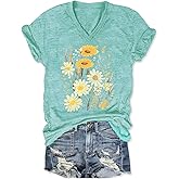 Women V Neck Graphic Shirts Boho Flowers Funny Summer Short Sleeve Tee Tops