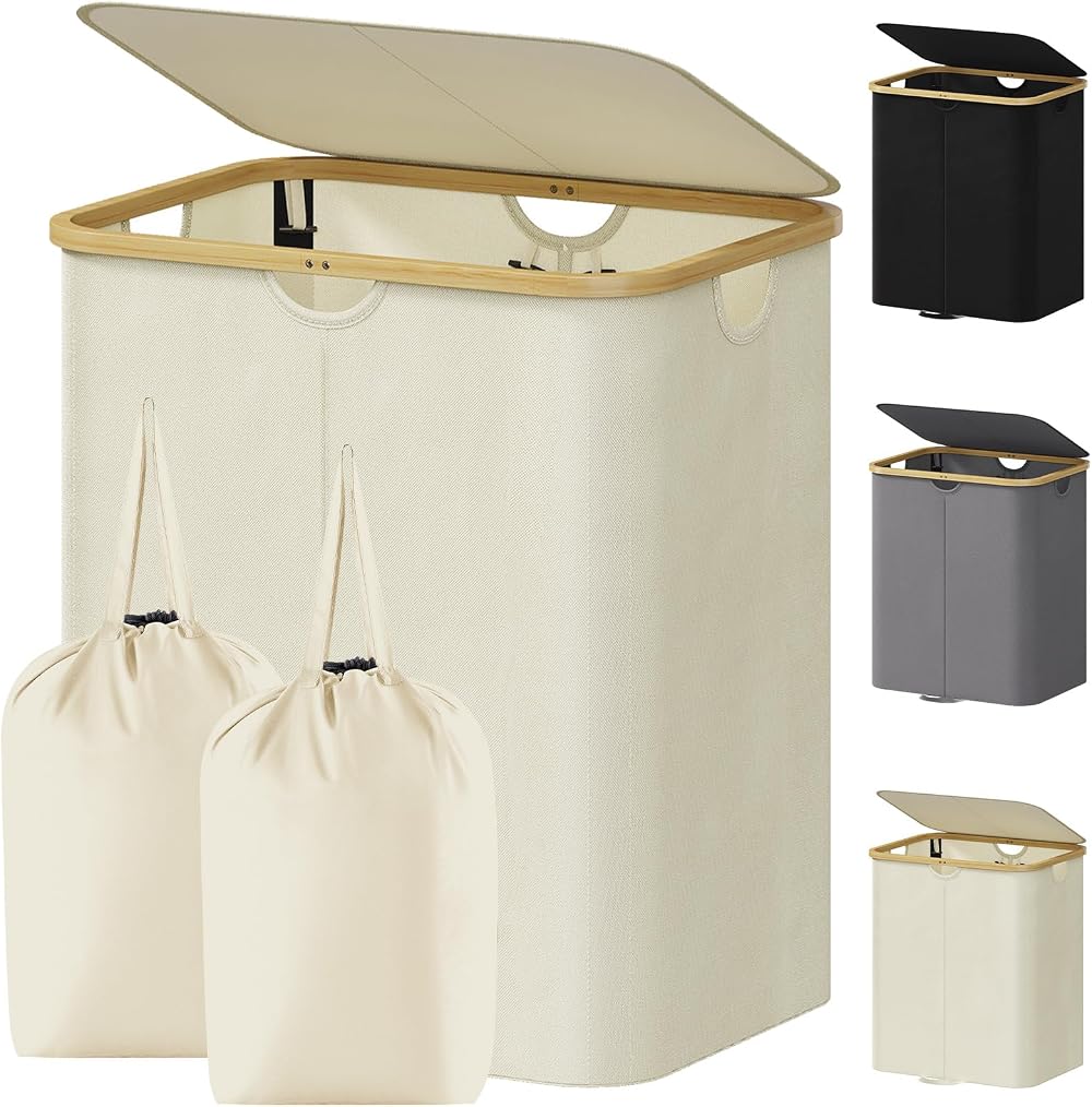 Lifewit 125L Laundry Basket with Lid Dual Compartments Bamboo Handles Cream