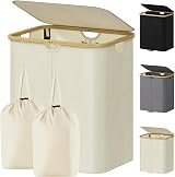 Lifewit 125L Laundry Basket with Lid Dual Compartments Bamboo Handles Cream