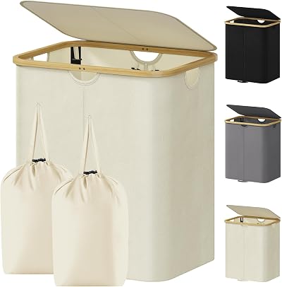 Lifewit 125L Laundry Basket with Lid Dual Compartments Bamboo Handles Cream