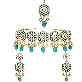 Efulgenz Meenakari Choker Set Indian Jewelry Crystal Kundan Faux Pearl Choker Necklace Earrings Maang Tikka Wedding Bollywood Bridal Jewelry Set for Women