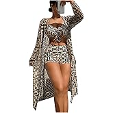 WDIRARA Women's 3 Pieces Bikini Set Geo Print Bathing Suit Drawstring Swimsuit with Cover Ups Kimono