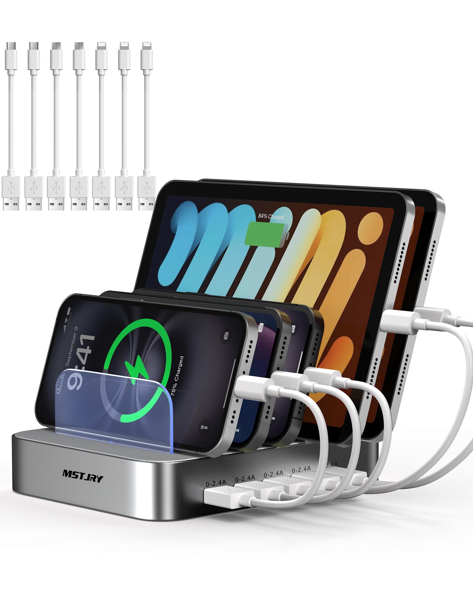 Photo 1 of MSTJRY Charging Station for Multiple Devices : 5 Port Multi USB-A Charger Stations Multi-Device Organizer Charging Dock Designed for iPhone iPad Cell Phone Tablets (7 Short Cables Included), Silver