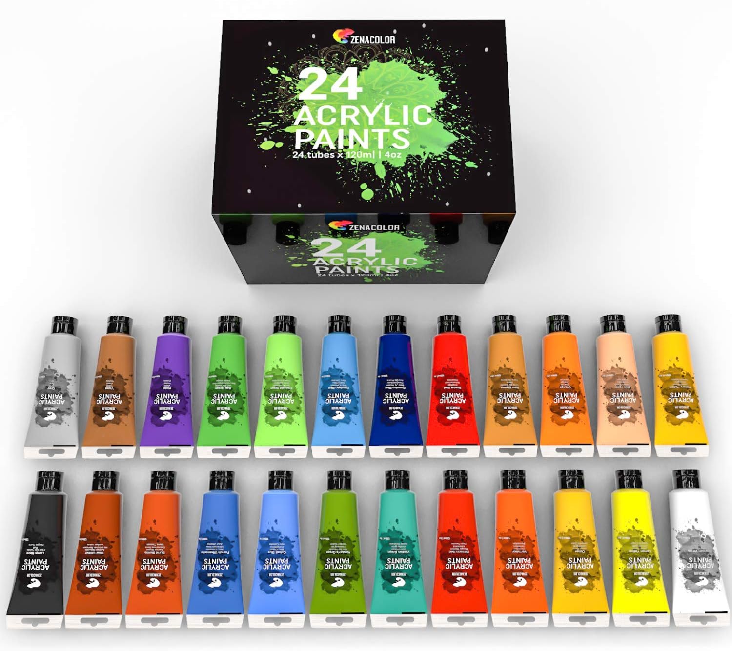 Set of 24 Acrylic Paints, 24 x 120 ml Tubes, 24 Colours Zenacolor