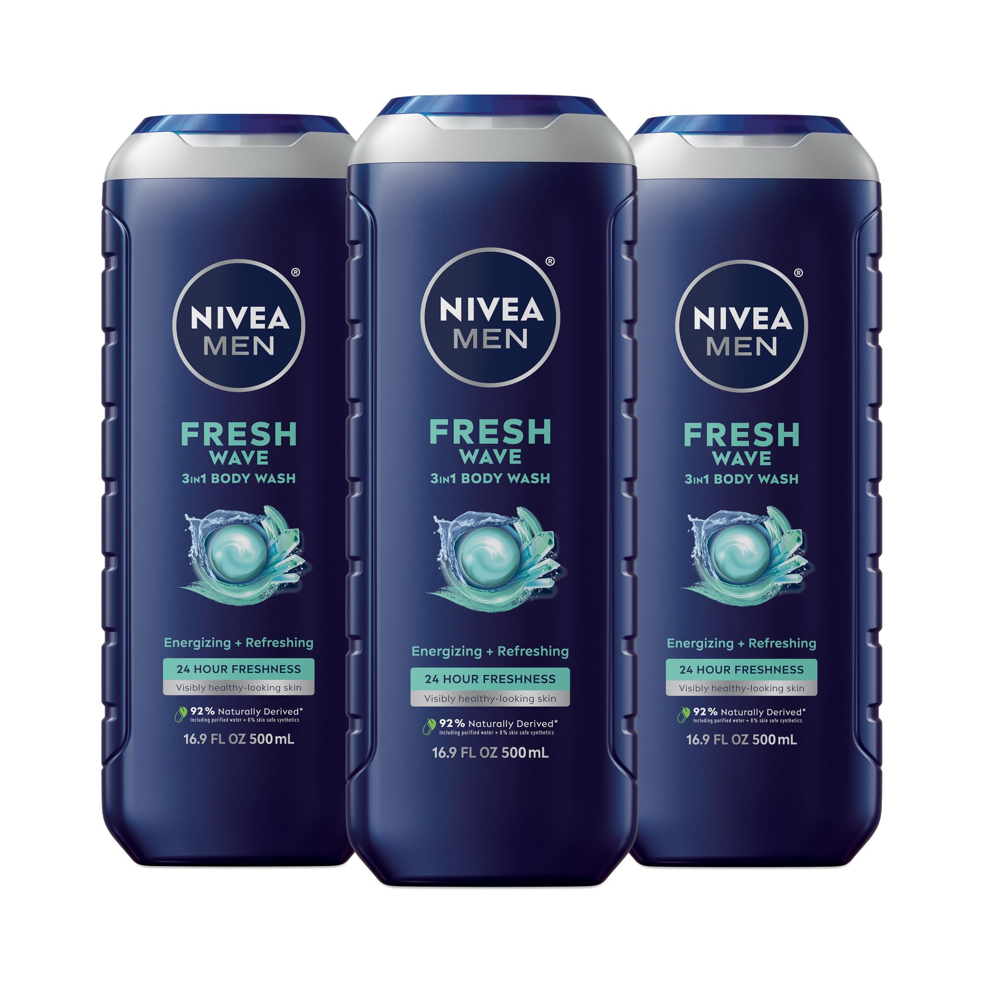 Photo 1 of NIVEA Men Fresh Wave Body Wash with Menthol, Refreshing Scent, 3-in-1 Men's Body Wash, Face and Hair, Paraben Free, Vegan Formula, 16.9 Fl Oz Bottle, Pack of 3