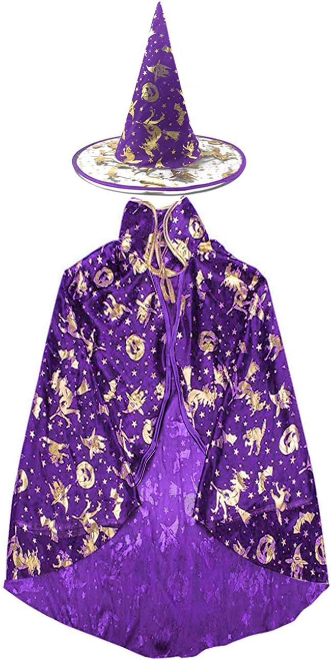 Halloween Witch Costume Girls Women Boys Adults Witch Wizard Cosplay Cape Role Play Dress up Cloak with Pointed Hat