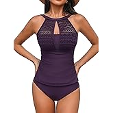 CUPSHE Women's Tankini Sets High Neck Mesh Cutouts Two Piece Bathing Suits Adjustable Straps Mid Rise Swimwear