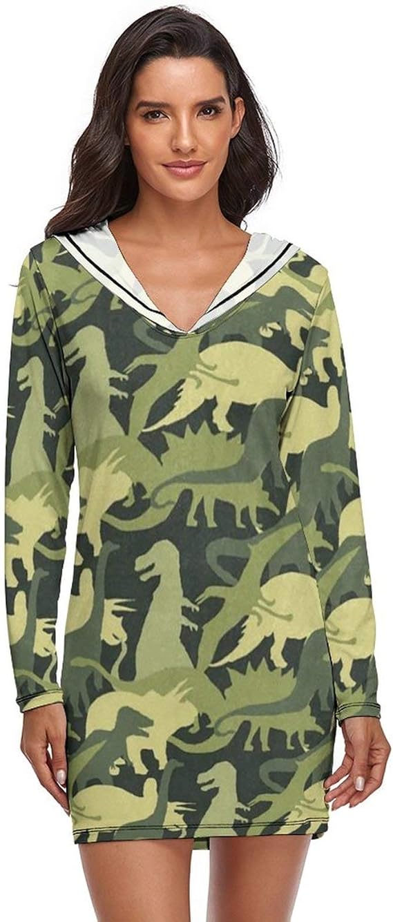 Amazon ワンピースパジャマ カモフラージュ 恐竜 迷彩柄 パジャマ レディース Vネック 長袖 ネグリジェ 肌に優しい 春 秋 ルーム ワンピース 寝巻き ナイトウェア 部屋着 膝丈 ルームワンピース ネグリジェ 通販