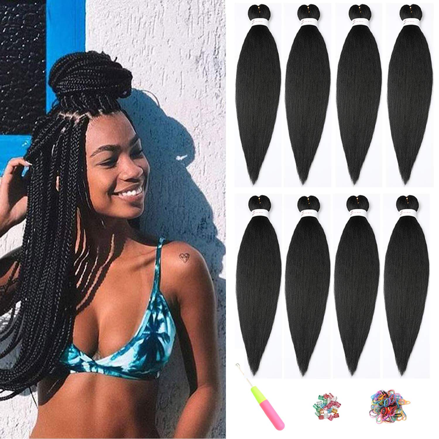 ShowJarlly Pre-Stretched Braiding Hair 8Packs/Lot Natural Black Yaki Texture Hair Extensions Professional Expression Hair Extension Braiding Hot Water Setting DIY Box Braiding hair (20inch, 1B#) — image 1