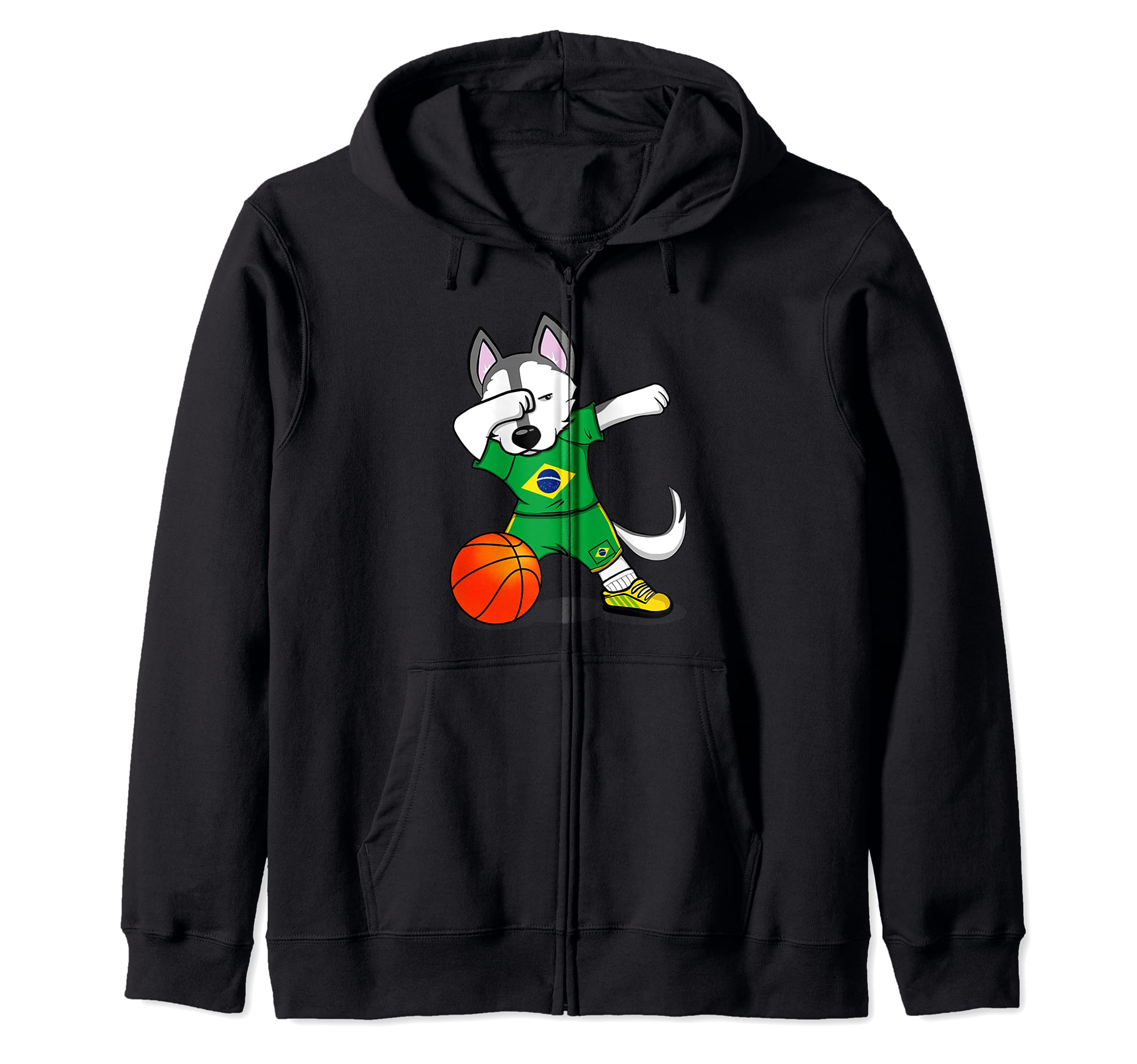 Dabbing Husky Brazil Basketball Fans Jersey Brazilian Flag Zip Hoodie