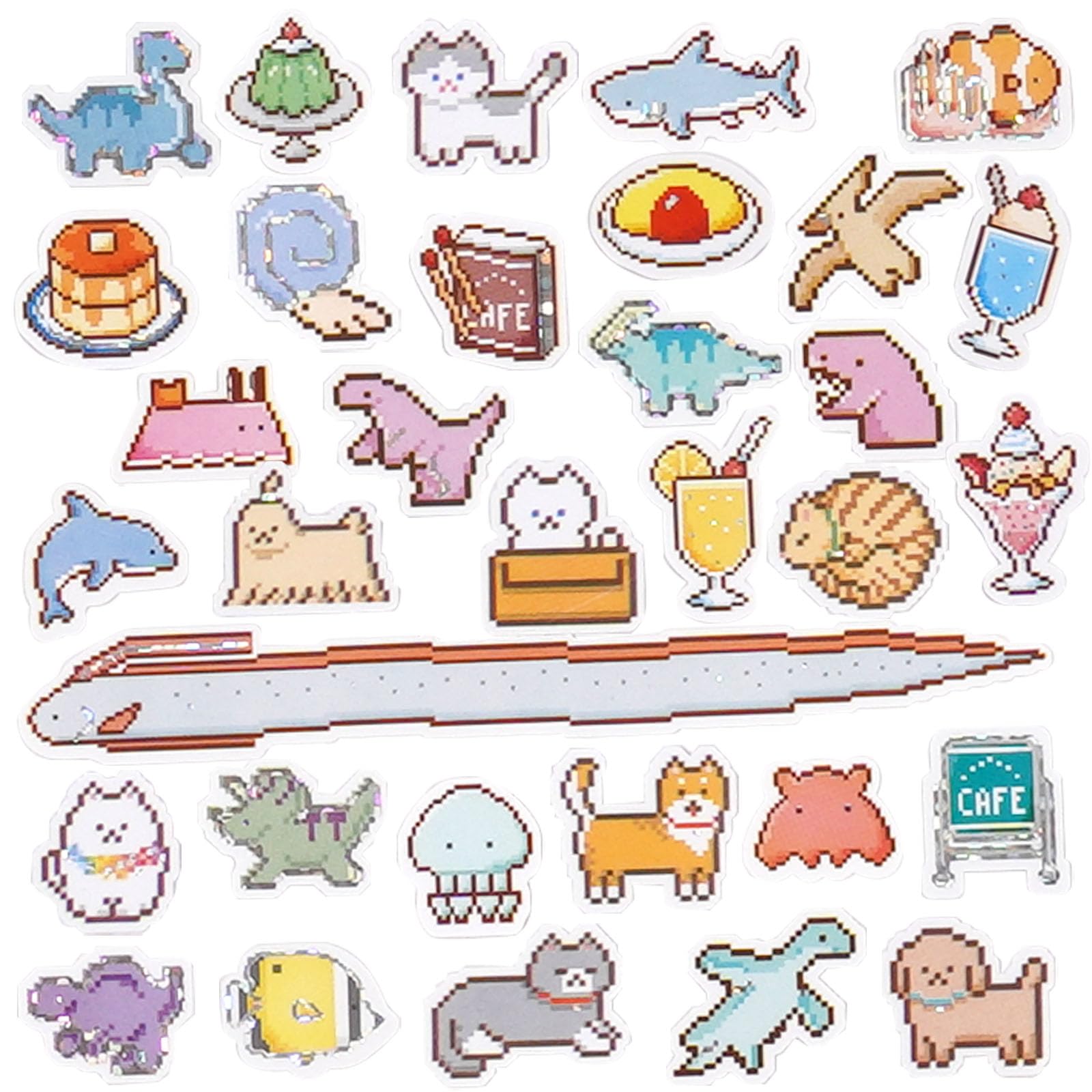 Japanese Kawaii Retro Pixel Style Stickers for Scrapbooking – Cute Animal, Food, Dinosaur, and Ocean Themes – Journaling Sticker Pack for Stationery and Crafting – 4 Sheets