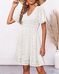 BTFBM Women's V Neck Smocked Short Sleeve Casual