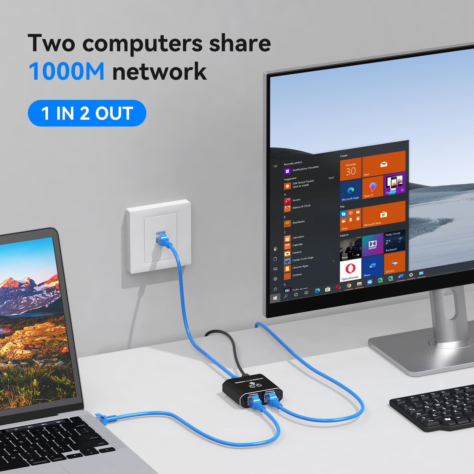 VEDINDUST LAN Splitter 1 auf 2 1000Mbps Ethernet Splitter 2 Port Mit Type-C-Netzkabel Gigabit Switch für Computer, Hub, Router, Set-Top Box, Digital TV, et 4