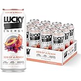 Lucky Energy Sugar Free Energy Drinks, Son of a Peach, 16oz Cans (12-Pack) Healthy, Zero Sugar Energy Drink with Maca, Ginseng, Beta-Alanine, Taurine & 200mg Caffeine