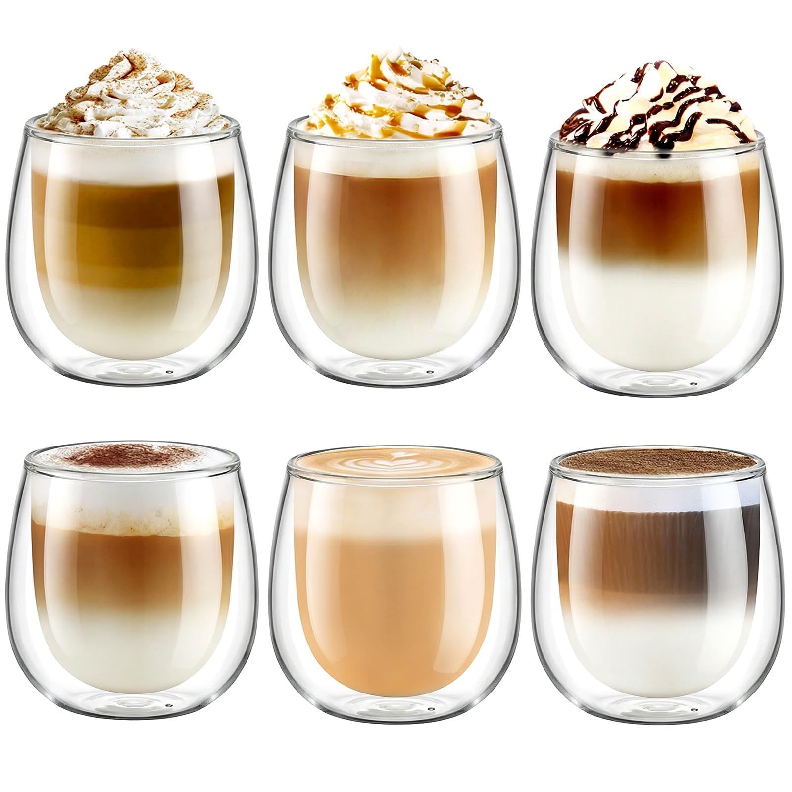 glastal 6x250ml Double Walled Coffee Glasses Mugs Cappuccino Latte Macchiato Glasses Cups for Coffee Tea Milk Juice Ice Cream Borosilicate Heat Resistant Glass Cups — image 1