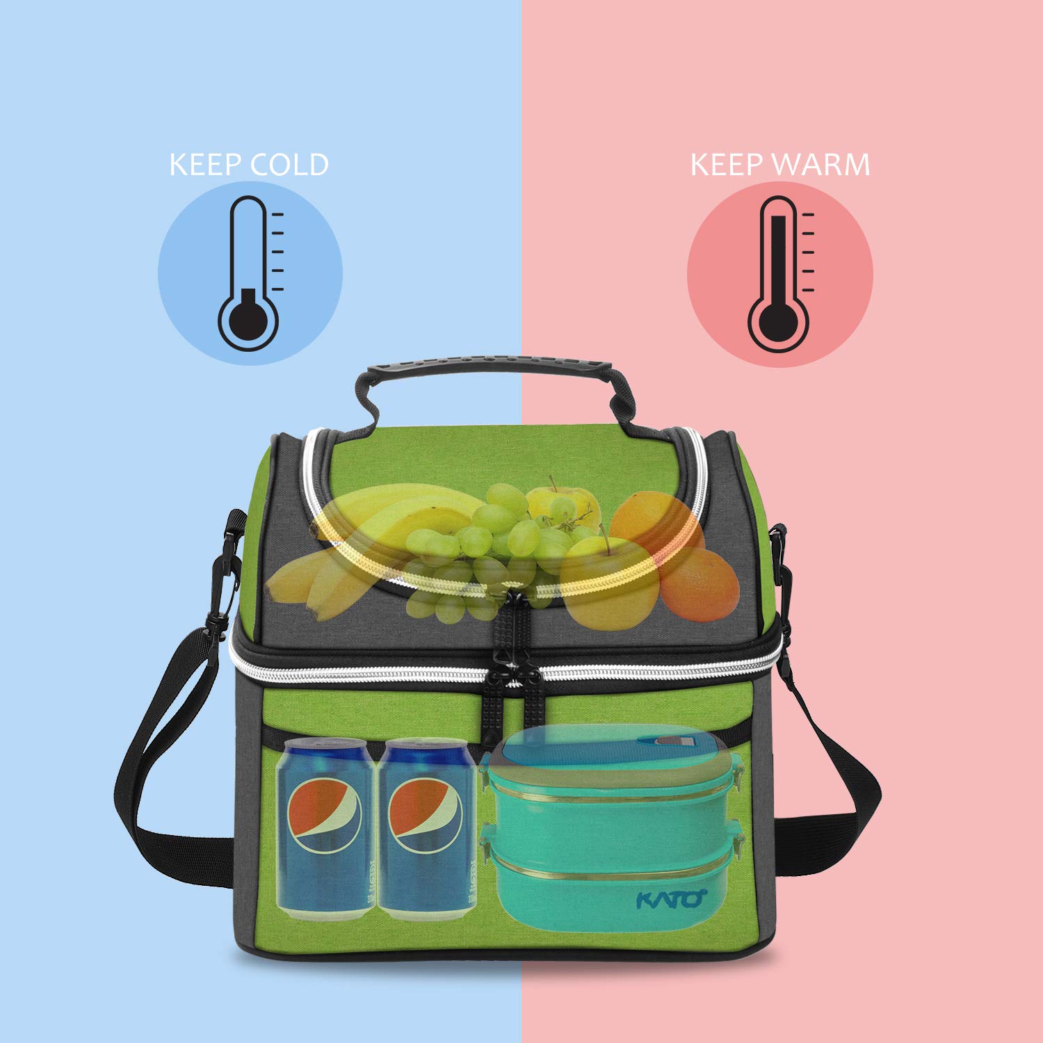 Kato Insulated Lunch Bag, Leakproof Thermal Bento Cooler Tote for Women and Men, Dual Compartment with Shoulder Strap and Front Pocket, Oxford Cloth, Green