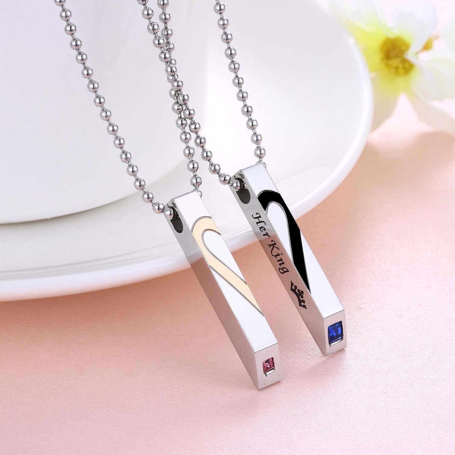 GAGAFEEL Couple Necklaces K & Q Crown Stainless Steel His Hers Puzzle Bar Pendant Anniversary Promise Gift (Style 2)
