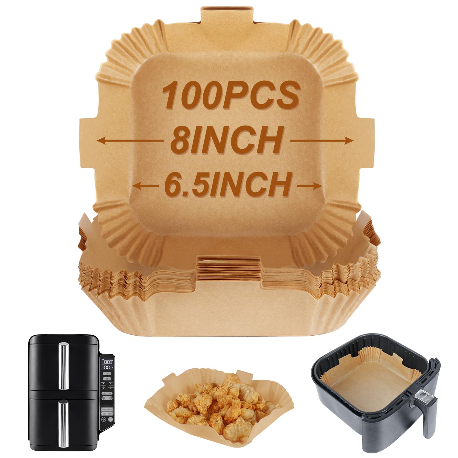 BYKITCHEN 100pcs Air Fryer Parchment Paper Liner, Square Air Fryer Liners Disposable, Greaseproof Paper for Air Fryer, Compatible with COSORI, Ninja Double Stack SL300UK, Tower (Unbleached)