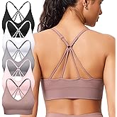 Strappy V Neck Sport Bra for Women, Multipack Padded Seamless Wireless Supportive Racerback Criss Cross Workout Yoga Bra Pack