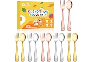 DRKIO Stainless Steel Toddler Utensils Set - 12 Pieces Kids Silverware Set Children Safe Food Grade Small Forks and Spoons Dishwasher Safe Mirror Polished
