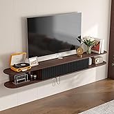 FloatiCasa Floating TV Stand,78'' Wall Mounted TV Stand Floating TV Unit Media Console Shelf with 2 Flip-Down Cabinet Doors and 2 Open Shelves for Bedroom, Livingroom, Media Room Office, Walnut+Black
