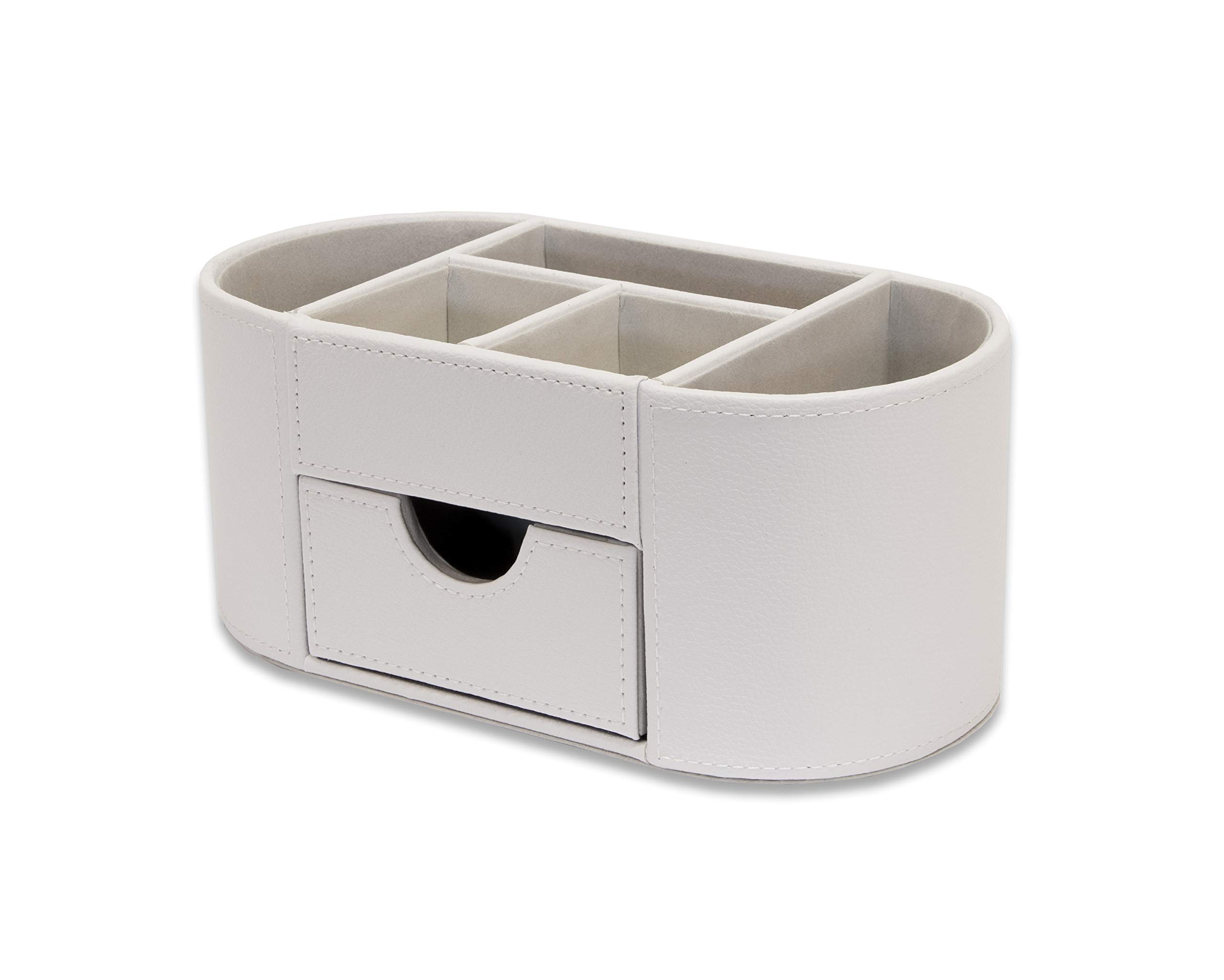 OSCO Faux Leather Desk Organiser with Drawer, Office Desk Tidy, Pen Holder, Makeup Container, Pencil Storage, Stationery Caddy with 6 Compartments, H10 x W23 x D12 cm, White