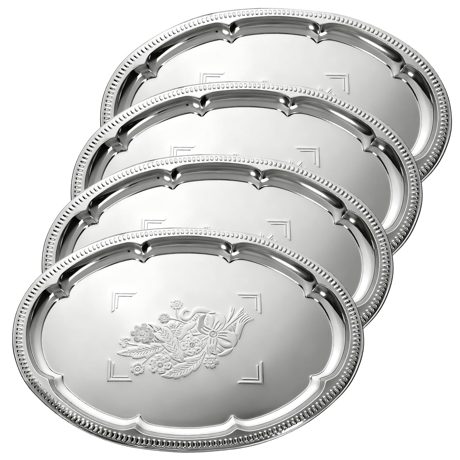 Photo 1 of 3 Pcs Large Silver Serving Trays, 15.7" x 11.8" Stainless Steel Oval Serving Tray, Decorative Silver Plates, Oval Floral Engraved Tray, Metal Sizzler Plates for Coffee Table, Bar, Party, Club, Home