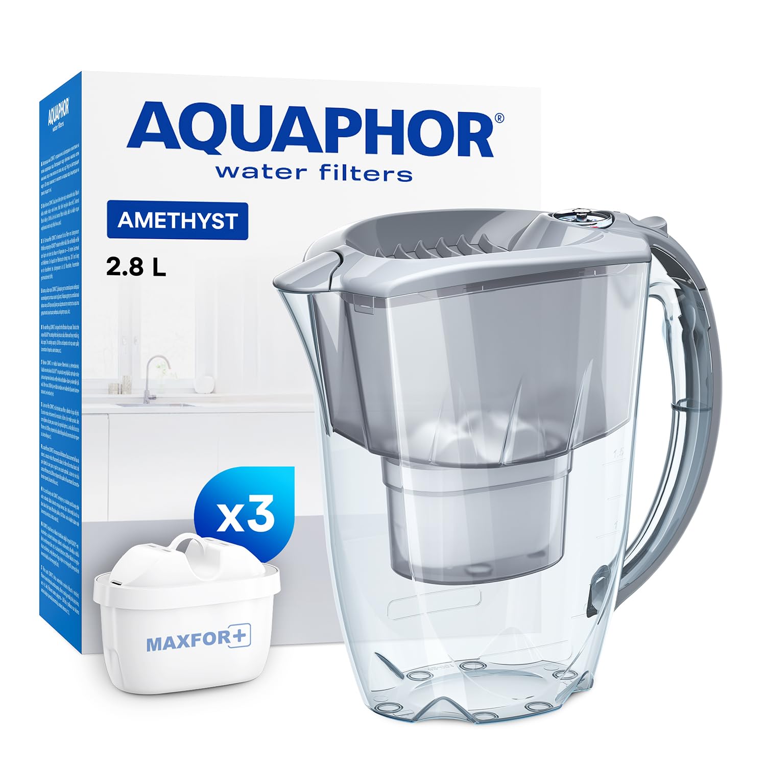 AQUAPHOR Water Filter Jug Amethyst with 3 X MAXFOR+ 200L Cartridge - Capacity 2.8L - Grey