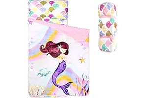 Jundetye Toddler Nap Mat with Pillow and Plush Blanket, Kids Sleeping Bags for Preschool Daycare, Slumber Bags for Girls Boys Ages 3-7 Years, 55'' x 23'', Mermaid