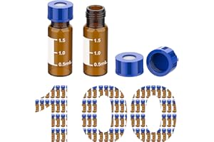 Membrane Solutions Autosampler Vials, 2ml HPLC Vials, 9-425 Lab Amber Vials with Write-on Spot and Graduations, 9mm Blue ABS Screw Caps & Septa for GC Sample Vials, 100 Pcs