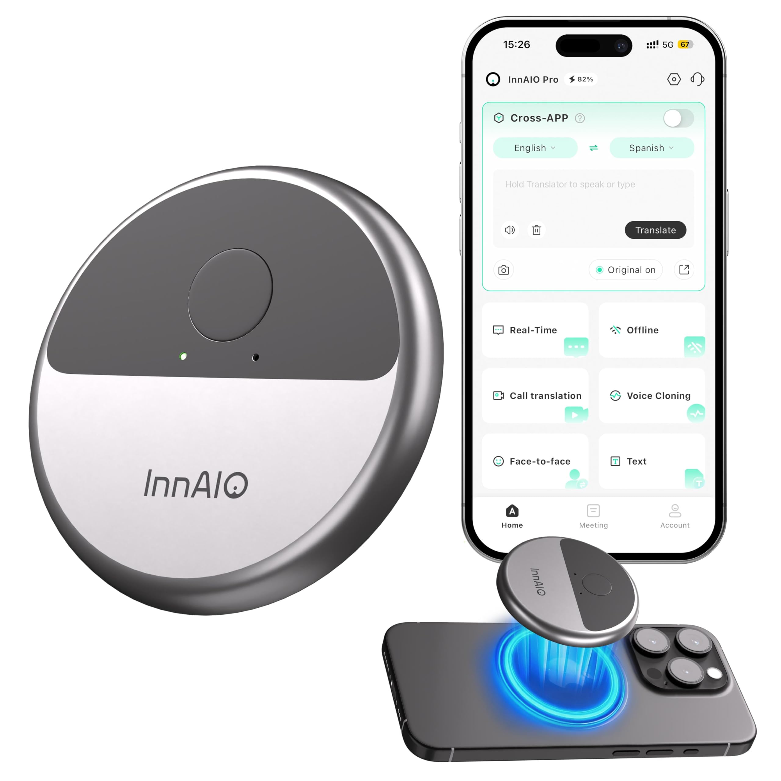 Photo 1 of InnAIO AI Voice Translator Device T10, Real-Time Two-Way Translation with Voice Cloning, GPT-Powered Accuracy, 140+ Languages, App Integration for Whatsapp/Video Calls, for Travel/Business/Lectures