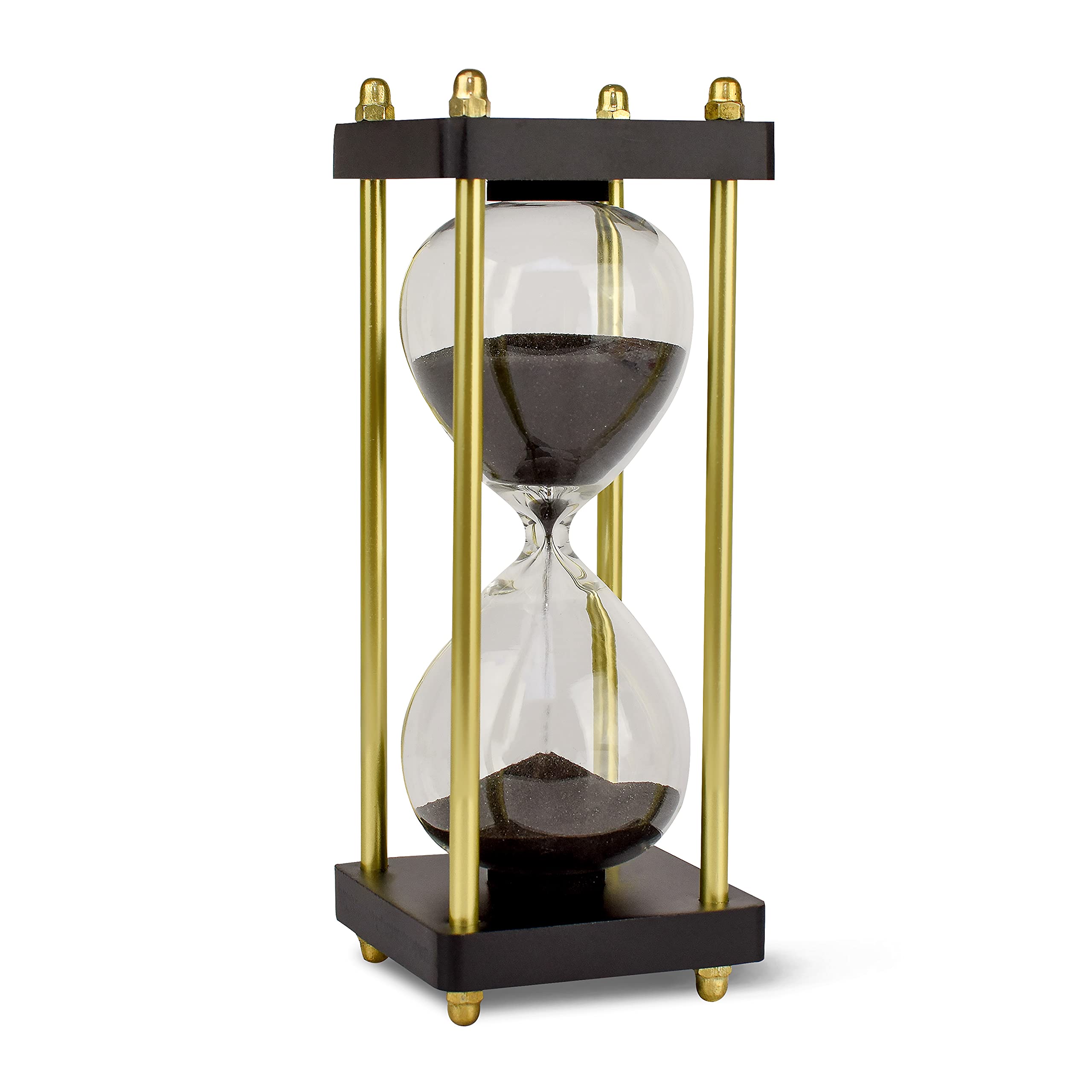 LIVONDO 15 minute timer - elegant hourglass with glass body and gold-black frame, decorative with fine black shimmering sand, ideal for relaxation and meditation