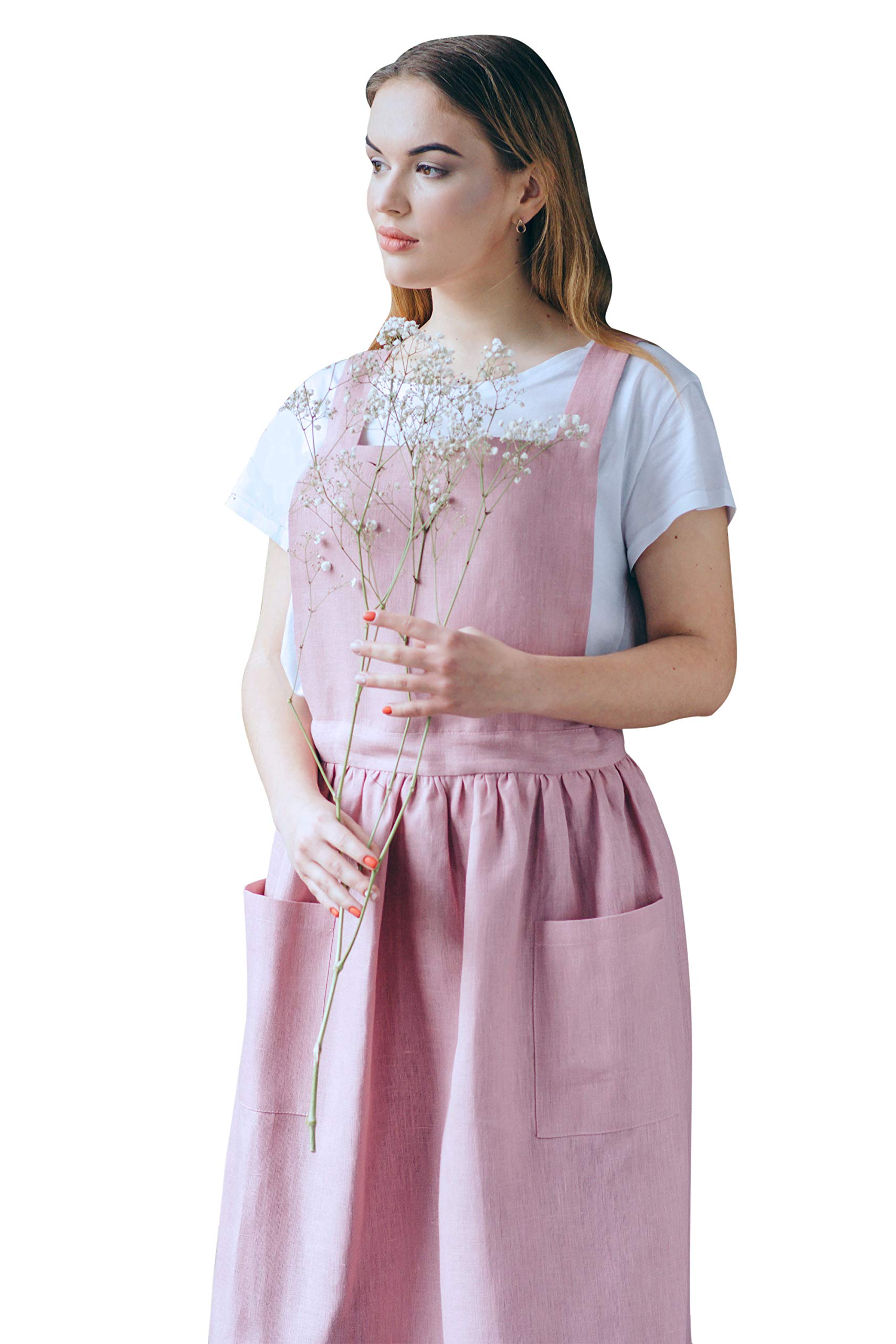 Bunny Street Denim Pinafore Apron - Premium Quality Japanese Apron for Women - Cute Cross Back Dress Apron for Kitchen, Craft, Garden - Dark Blue Smock (Antique Rose)