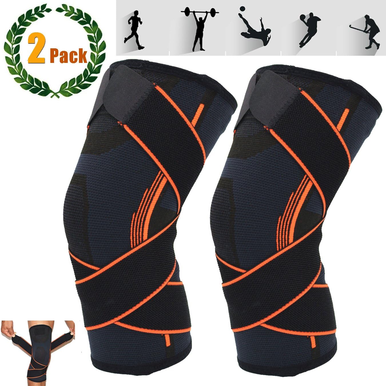 Knee Brace, Wellvo 2 Pcs Compression Knee Sleeve Wraps with Adjustable Strap for Pain Relief, Meniscus Tear, Arthritis, ACL, MCL, Quick Recovery - Knee Support for Running, Basketball, Crossfit (L)