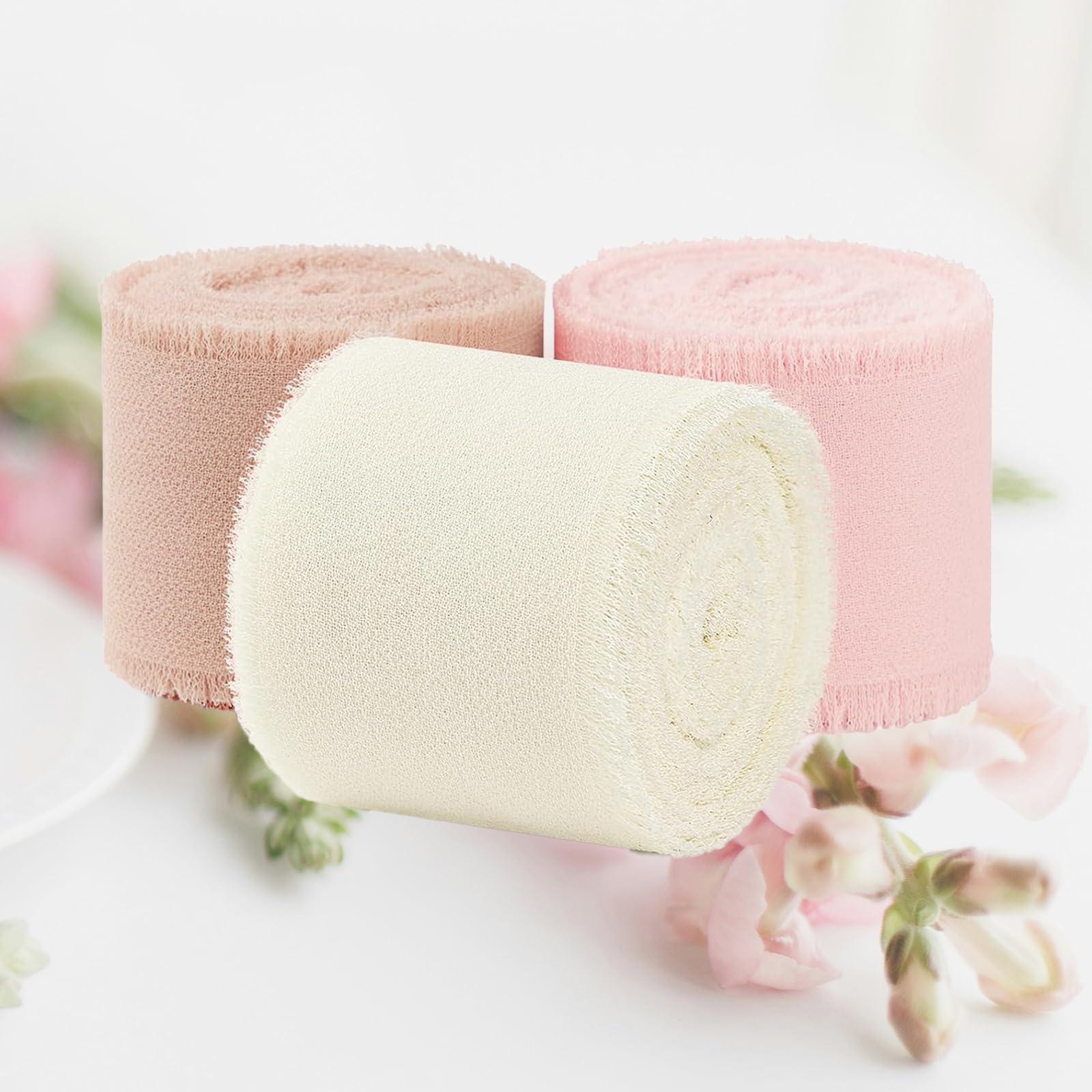 Photo 1 of 1.5 Inch x 5.5 Yards, 3 Rolls Total 16.5 Yards Ivory & Nudes Handmade Fringe Chiffon Silk Ribbon for Gifts Wrapping, Wedding Invitations, Crafts, Holiday Party Decorations