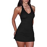 BEAGIMEG Women's Sexy Bodycon A-line Halter Deep V Backless Club Party Mini Dress