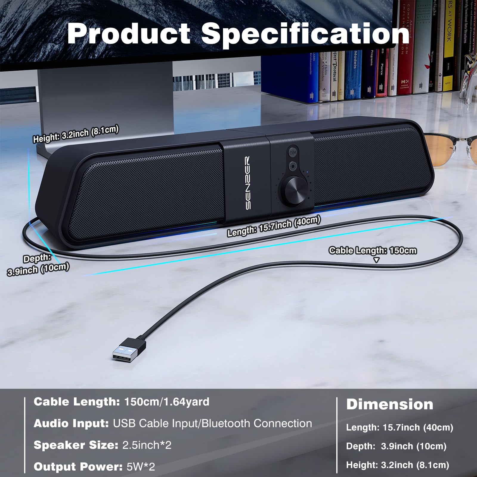 SENZER CS20 Computer Speakers, Pc Speakers with Stereo Sound Flowing LED & Volume Knob，Gaming SoundBar Speaker for Laptop Desktop Monitor(USB & Bluetooth)