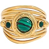 ArixGlvm Natural Malachite Stone Ring for Women & Men, 18K Gold Plated Stainless Steel Vintage Chunky Ring, Green Gemstone Statement Jewelry