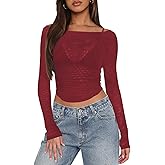 Women's Mesh Sheer Long Sleeve Top for Women Sexy Boat Neck Going Out Tops Casual Club Party See Through Tee Shirts