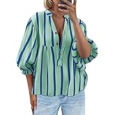 LAYOGAS Womens 3/4 Length Sleeve Babydoll Top Casual V Neck Striped Blouses Loose Fit Flowy Button Down Shirts