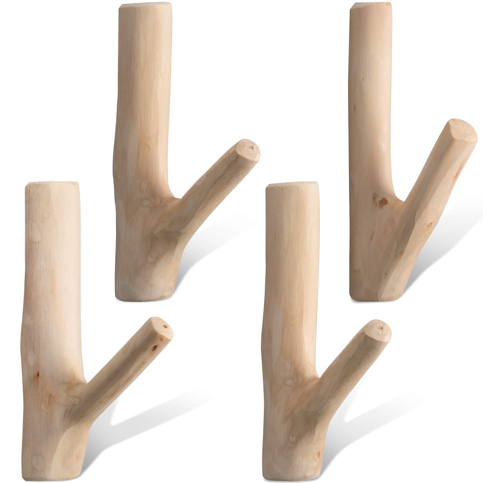 Photo 1 of Jetec 4 Pieces Wood Wall Hooks Vintage Real Natural Tree Branch Wall Hooks Set Rustic Decorative Wood Adhesive Strong Suction Crooks for Coat Key Holder (White)
